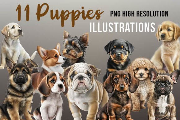 Charming Canine Art: 11 Cute Little Dogs Puppies Clipart PNGs