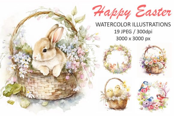 Happy Easter Watercolor Illustrations: 19 Hand-Drawn Design Assets