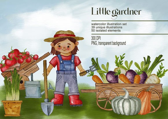 Little Gardener Watercolor Illustrations for Your Projects
