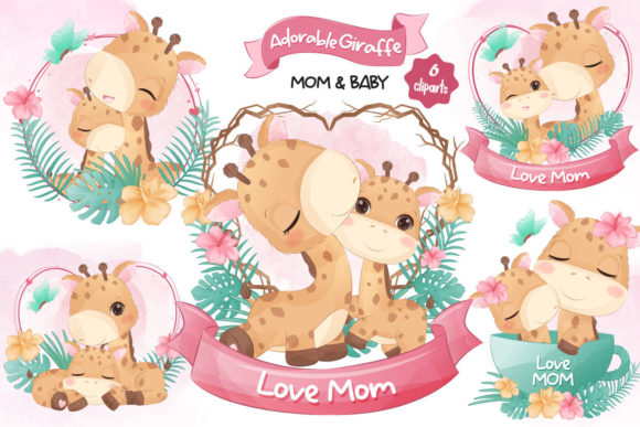 Summer, Mom & Baby Giraffe Illustrations: A Heartfelt Design Asset