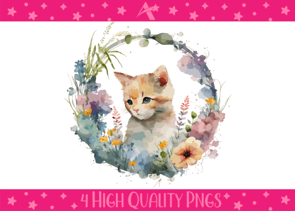 Watercolor Floral Kitten Illustrations for Whimsical Designs